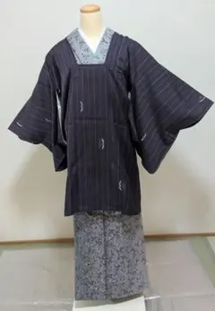 正絹 道行コート 和装コート 紫 縦縞 からし色 幾何学模様 レトロ 和装小物