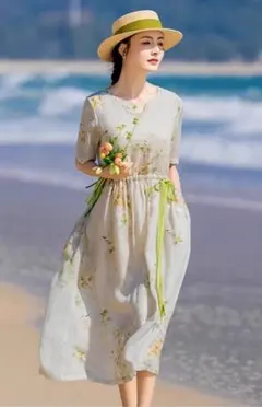 Vネック 気質満点 プリントワンピース リゾート 着痩せ効果 きれいめコーデ