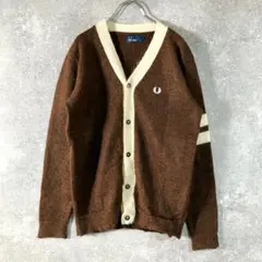 FRED PERRY　カーディガン　ニット　長袖　ブラウン　ロゴ　モヘア