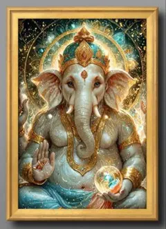 運気を呼ぶガネーシャ　額縁付き　健康運、金運を開運するインテリア絵画グラフィック