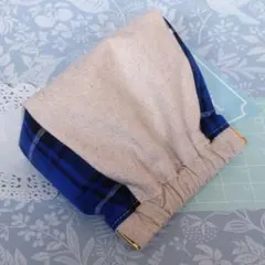ハンドメイド バネ口 ポーチ ナチュラル チェック 青 ブルー【137】