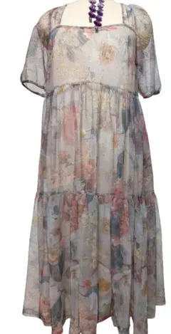 花柄シフォンロングワンピース 半袖　　　フレア