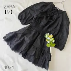 ザラ　ZARA ワンピース 刺繍レース フリル ティアード ウエストゴム 黒　M