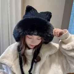 猫耳 ファー ニット帽 ブラック もこもこ ふわふわ