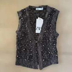 ZARAパール付きニットベストラメ入り