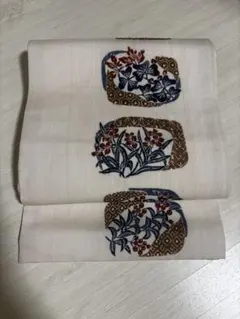 なでしこ】名古屋帯 ベージュ オレンジ シンプルモダン 長さ369 o1612 