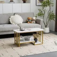 センターテーブル 大理石調 幅90cm 収納付き 長方形 ローテーブル ゴールド