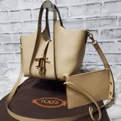 【美品】TOD'S トッズ Tタイムレス レザー 2WAYハンドバッグ ベージュのサムネイル