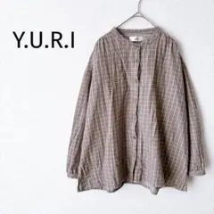 Z【Y.U.R.I】バンドカラーシャツ XL チェック柄 長袖 ベージュ お洒落