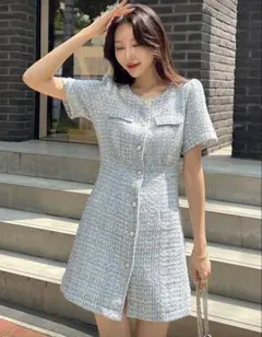 SHEIN DAZYパフスリーブツイードドレスサンドレスチェック柄 キャバドレス