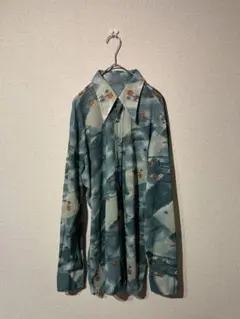 70s 青色系 花柄 長袖シャツ