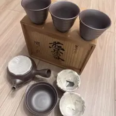 煎茶道具　四日市萬古焼　勇山造　朱泥煎茶器揃　共箱　C　4907 煎茶道具 四日市萬古焼 勇山造 朱泥煎茶器揃 共箱 C
