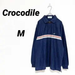 クロコダイル 長袖ポロシャツ M 紺 ハーフジップ コーデュロイ 襟裏