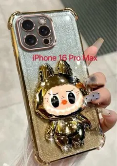 ラブブのiPhone 16 Pro Max用ゴールドラメケース　フィルム付き