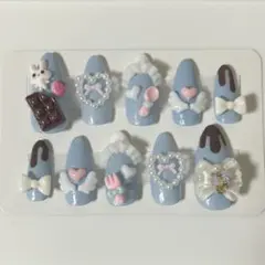 現品♥ ネイルチップ 量産型 平成女児 チョコ バレンタイン 水色