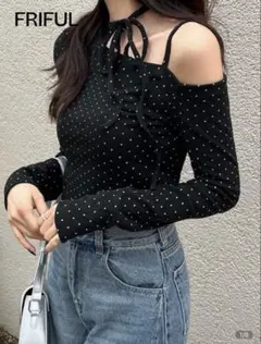 SHEIN ドット柄 長袖トップス アシンメトリー ブラック Lサイズのサムネイル