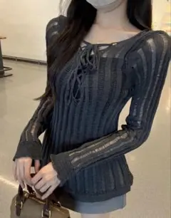 SHEIN レース アップ ニット トップス ダークグレー リブ編み かぎ編みのサムネイル