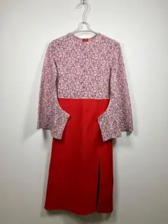200B【美品】デザイン ワンピース 赤 S ケープ袖 オリエンタル