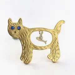 猫と魚のブローチ ヴィンテージ風 動物 ゴールド 北欧風 古着 アクセサリー