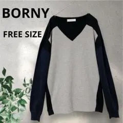BORNY 配色Vネック長袖ニット　グレー・ブラック・ネイビー　FREE