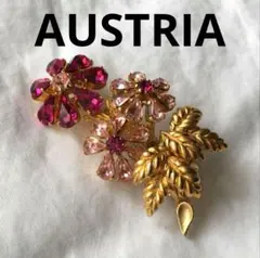ビンテージ　AUSTRIA　ビジュー　ゴールド　ブローチ　ピンク　フラワー