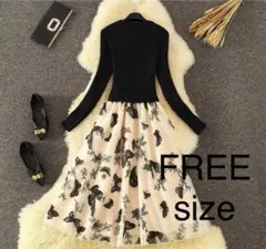 黒ニット　長袖ロングワンピース　ブラック　ホワイト　蝶刺繍　Aライン　オルチャン