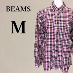 【メンズ美品】BEAMS チェック柄 ボタンダウンシャツ 袖ロールアップ M