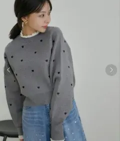 VIS ハート刺繍ニットプルオーバー Fサイズ グレー