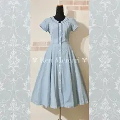 ライトブルー レースとクロスステッチのフレアデニムワンピース