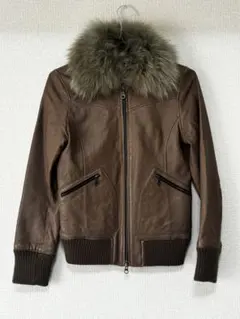 ブラウンレザー ファー付きジャケット　羊革　フォックスファー　ダブルジップ