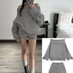 オフショルダー セットアップ ニット GRL グレイル　　　グレー　sd213