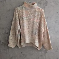 ​レイカズン ミックスヤーン ケーブルハイネックニット メランジ F