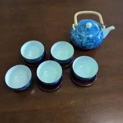 青色花柄 急須 湯飲み セット 湯飲み