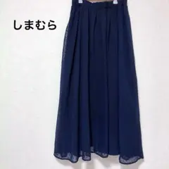 しまむら ネイビー ドット柄 フレア シフォン ロングスカート