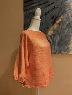 正絹　総絞り　朱色　着物リメイク　トップス　プルオーバー　七分袖