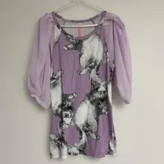 あちゃちゅむムチャチャの猫プリントシフォンスリーブトップスのサムネイル