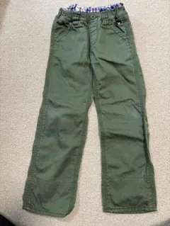 オリーブグリーン 長ズボン チェック柄折り返し