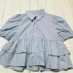 水色　裾フリル　半袖シャツ袖ゴム　オフィス　着回し　春夏　無地　629