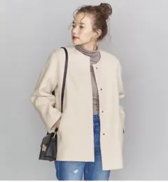 BEAUTY&YOUTH ビーバーノーカラーショートコート ナチュラル