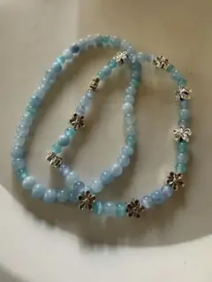 青系天然石、フラワーモチーフ ブレスレット 16cm 2点セット