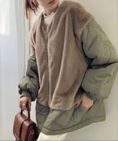 classicalelf ファーキルティング切替えジップブルゾン カーキ