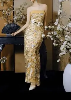 黄色フラワープリント ストラップレスドレス 結婚式二次会ドレス