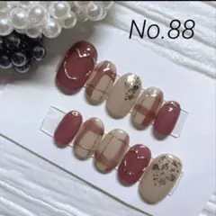 ネイルチップ　No.88 くすみレッド　チェック　ミラーハート　ガーリーネイル