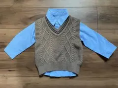 ブラウンニットベスト 90cm 水色シャツ 100cmセット