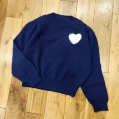 ハートモチーフ ニットセーター 長袖 ネイビー　ホワイト　韓国風　可愛い★