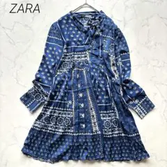 ZARA ザラ　花柄　バンダナ　パッチワーク柄　サテンプリーツワンピース　青
