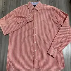 トミーヒルフィガー　シックシンストライプボタンダウン長袖シャツ　ピンク×白
