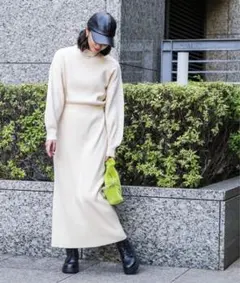 【FREE'S MART】スタンドネックブラウジングリブニットワンピースホワイト