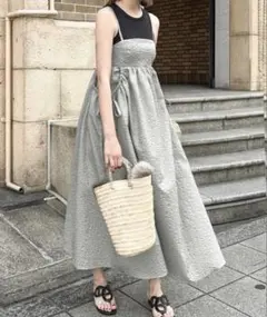 エンボス加工 キャミワンピース ロング丈　グレー