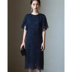ラス１！ドレス＋ XXL ネイビー 総レース シフォン袖 ミモレ丈 ワンピース